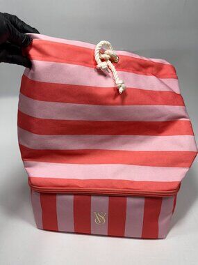 NWT Victoria's Secret Coral Pink Stripe Insulated 2-in-1 Cooler Beach Backpack T